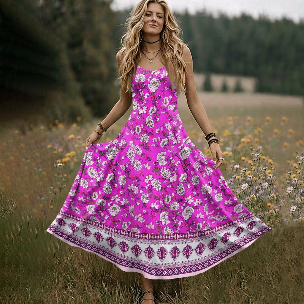 Women Sleeveless V Neck Maxi Dress Summer Bohemian Style Long Slip Dress with Embroidered Pattern and Adjustable Straps for Casual Wear