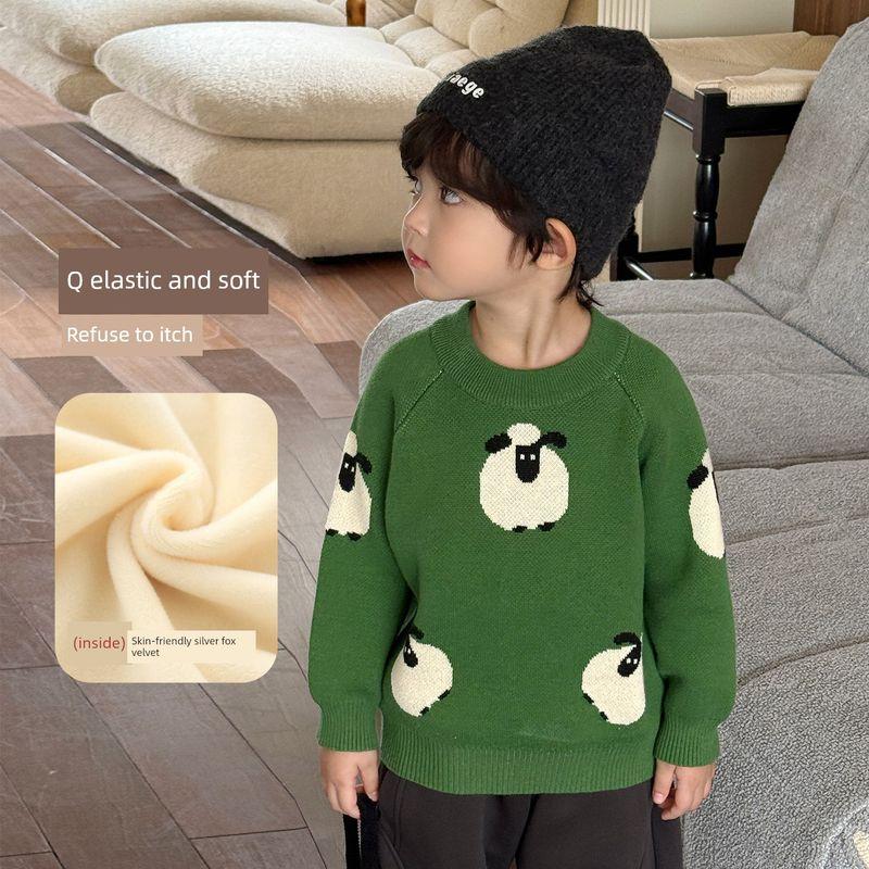 Boys' Round Neck Sweater, Children's Fleece-Lined Thickened Alpaca Wool Long-Sleeved Top, Winter Girls' Pullover Knitwear