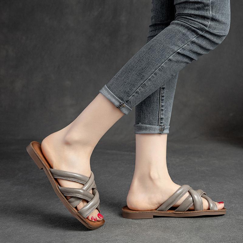 Johnature Genuine Leather Breathable Women's Flat Slippers Retro Versatile Soft Sole Roman Sandals