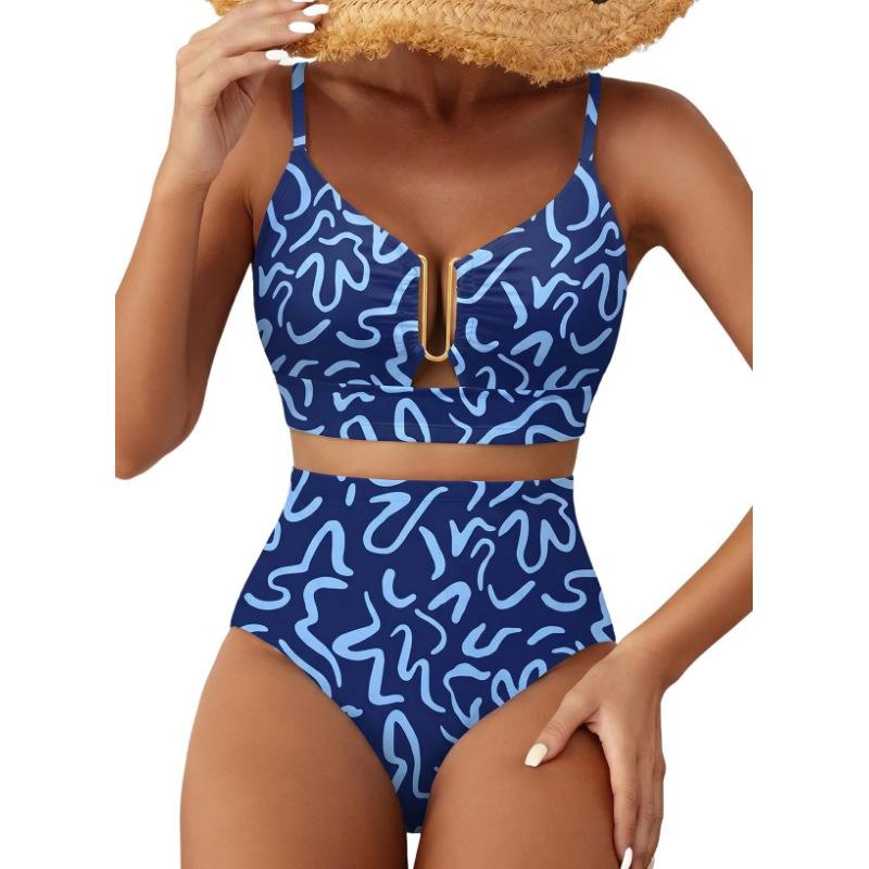Women Floral High Waisted Bikini U Metal Ring Front Two Piece Spaghetti Strap Beach Swimsuit