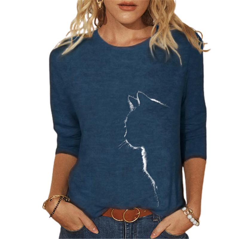 Women's Knitted Long Sleeve Animal Print Round Neck T-Shirt, European and American Style, 2023.