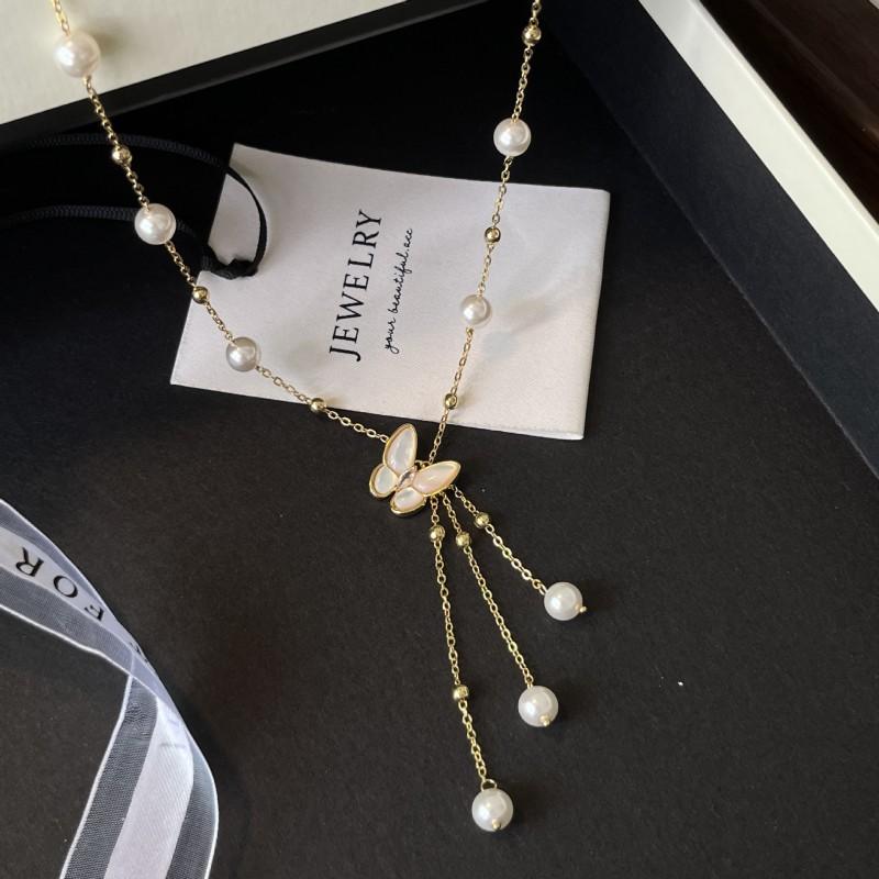 Elegant Butterfly Pendant Necklace With Freshwater Pearl Shell Tassel Lightweight Layered Locket Chain Women 2025