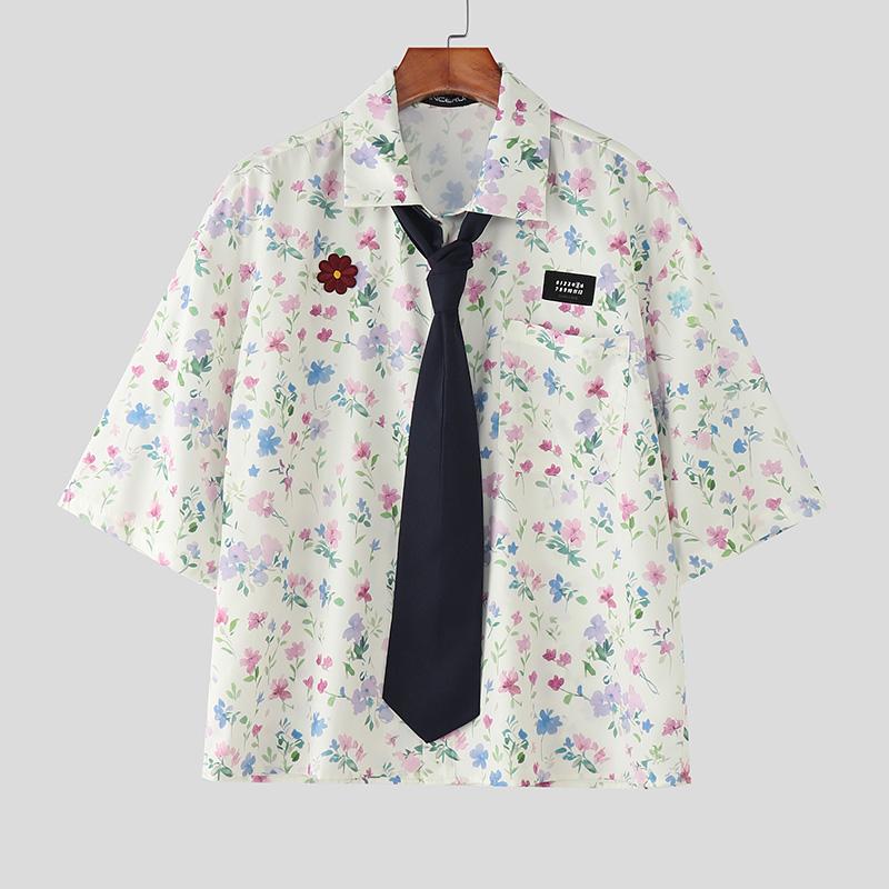 

INCERUN Summer Men Casual Tie Up Half Sleeve Floral Print Loose Shirts Tops 5XL абрикосовый