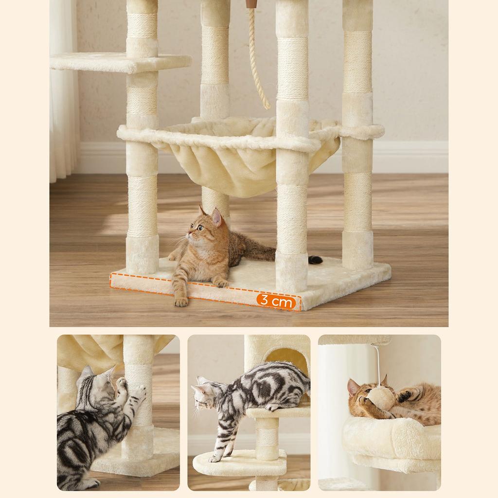 FEANDREA Kedi Ağacı, Stabil Kedi Kulesi, 2 Peluş Tünek, 143cm, Bej
