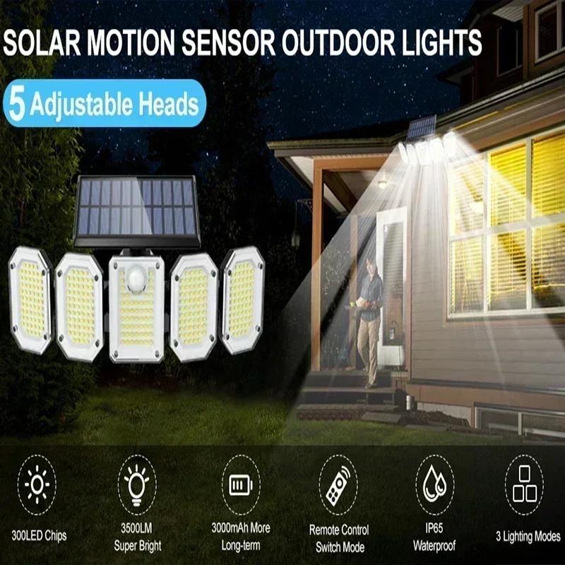 Solar Lights Outdoor Motion Sensor, 5Head Flood Lamp with Remote Control, 300° Wide Angle Security Light for Yard Patio Garden
