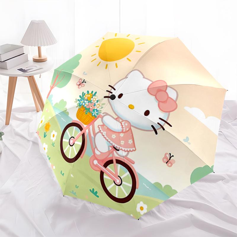 

1pc Hello Kitty Pink Bicycle with Flowers Basket Automatic Opening Folding Umbrella, Portable 3-Fold Design, 8-Bone Iron Frame Outdoor Umbrella, Ideal
