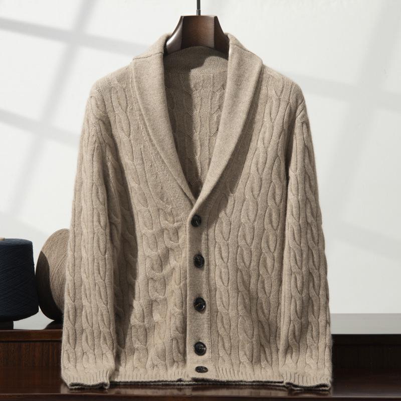 Men's Soft Cashmere Cardigan: Skin-Friendly, Thick Cable Knit, Shawl Collar Sweater.