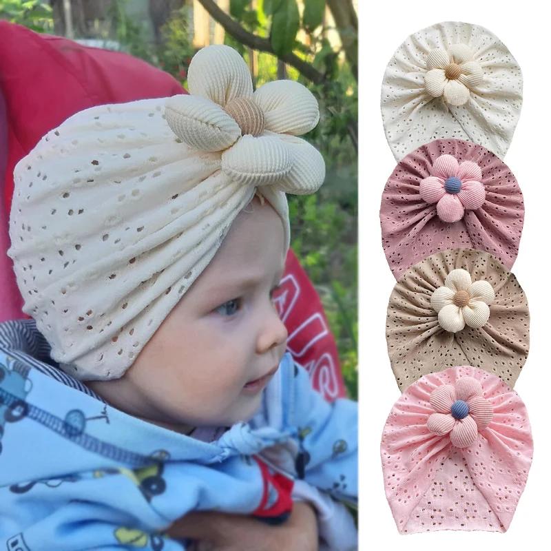 

Шапочка для девочки с ажурным узором, милым цветком, повязки на голову для малышей, однотонная детская шапочка, летний мягкий дышащий тонкий стиль 0-2 года