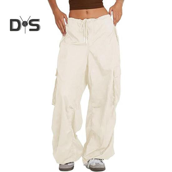 

Женские брюки-карго, регулируемые широкие летние брюки с завязками на шнурке и множеством карманов, однотонные длинные брюки с низкой посадкой XL белый