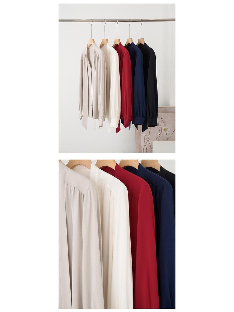 Rong Tai Women's Elegant French Ribbon Long Sleeve V-Neck Chic Shirt - Spring 2026 Collection