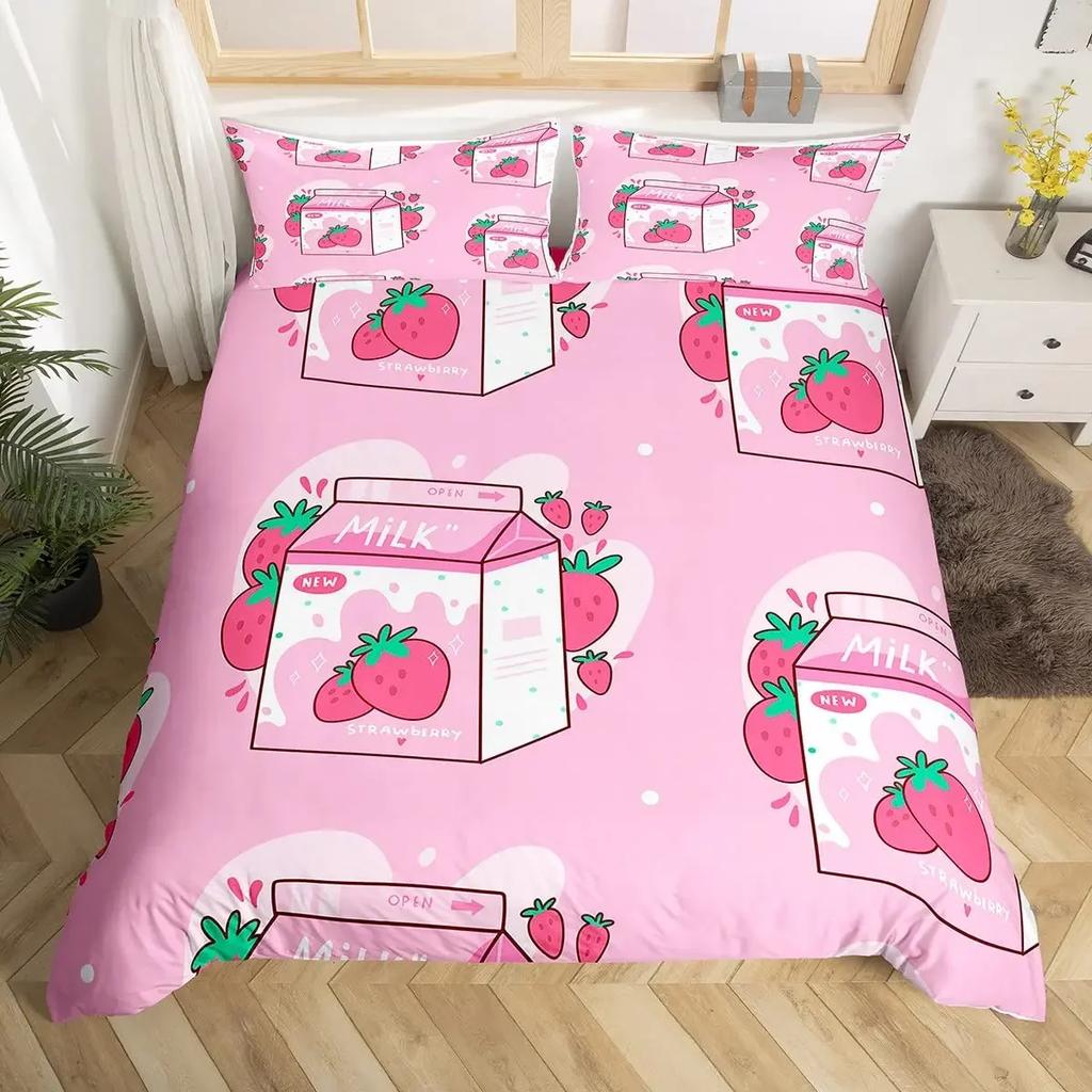3Pcs Full Size Sweet Strawberry Bedding Set Duvet Cover for Kids Children Teens Comforter Cover Bed Room Decor Pink Quilt Cover
