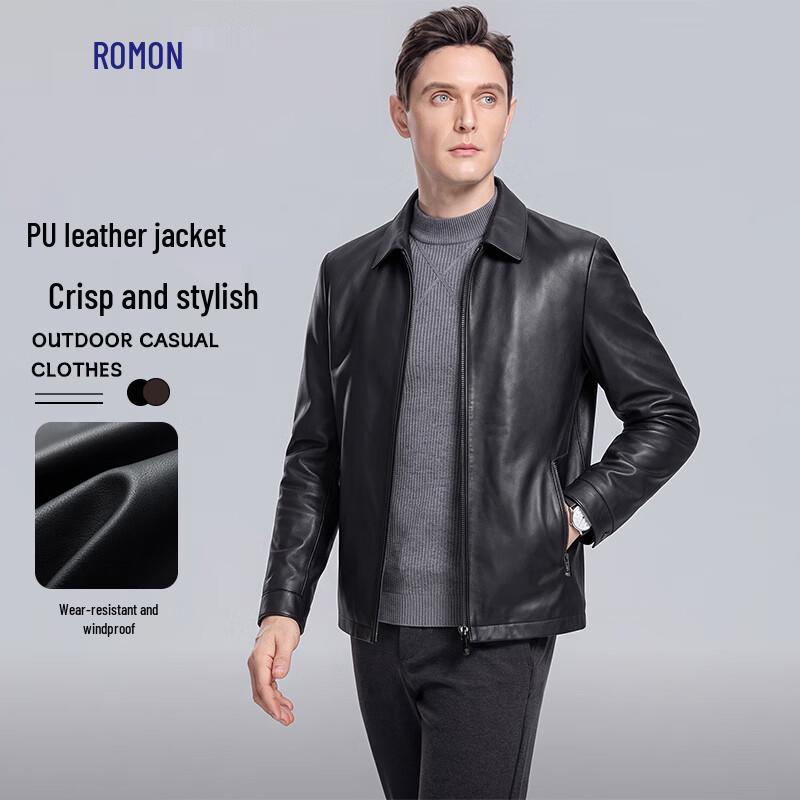 ROMON Men s PU Leather Lapel Jacket 2XL