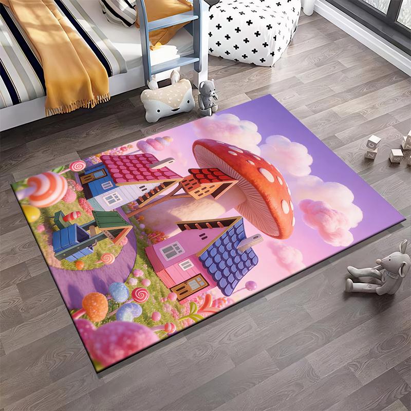 Fantasy Mushroom Village Carpet with Colorful Candy Land Theme Design Suitable for use as an anti-slip for living room bedroom sofas