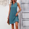 Abito Corto Donna Scollo a V Senza Maniche Linea ad A Decorazione con Bottoni Tessuto Testurizzato Casual Tank Dress