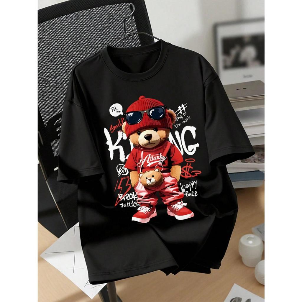 New Style Cartoon Bear Graphic T-shirt Men Casual Loose O-Neck Fashion Top Loose Breathable Cotton Short Sleeve Comfortable Top