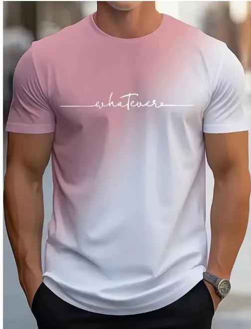 Men's Gradient Ombre T-Shirt with Cursive Print, Slim-Fit Short Sleeve Tee for Casual Streetwear, Multi-Color