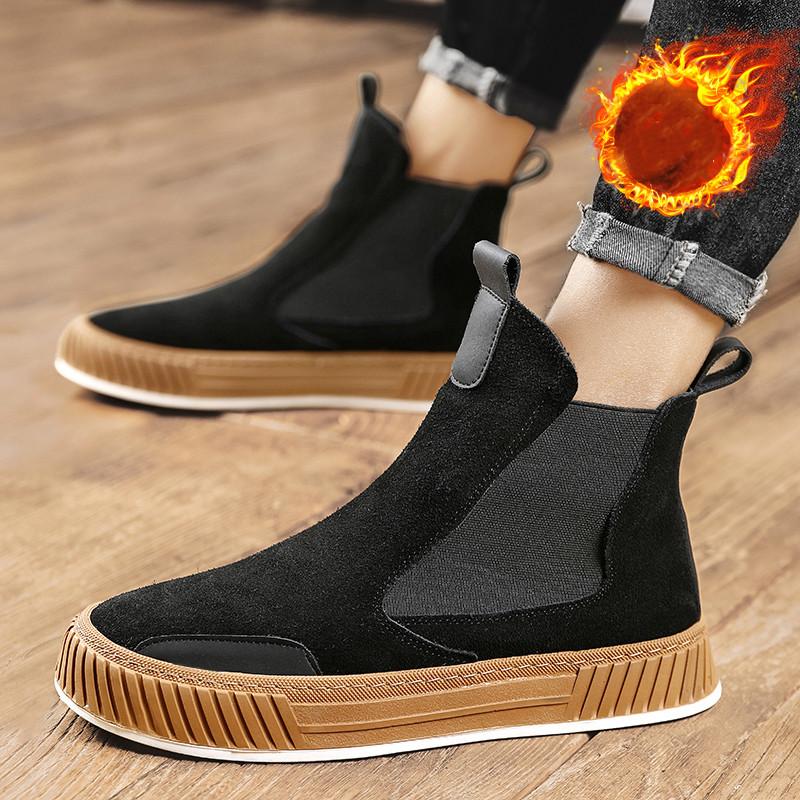 Hot Sale Black Plush Men's Winter Shoes Designer Suede Chelsea Boots Men Slip On Platform Men Boots Casual High top Ankle Shoes