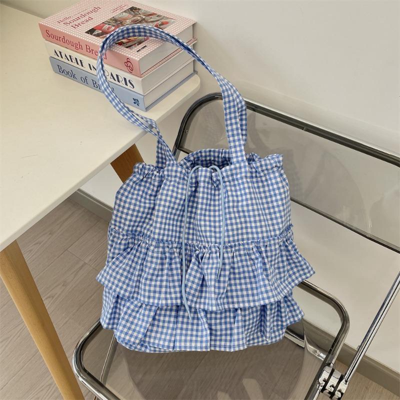 Cute college style plaid canvas bag women's new large-capacity lace tote bag