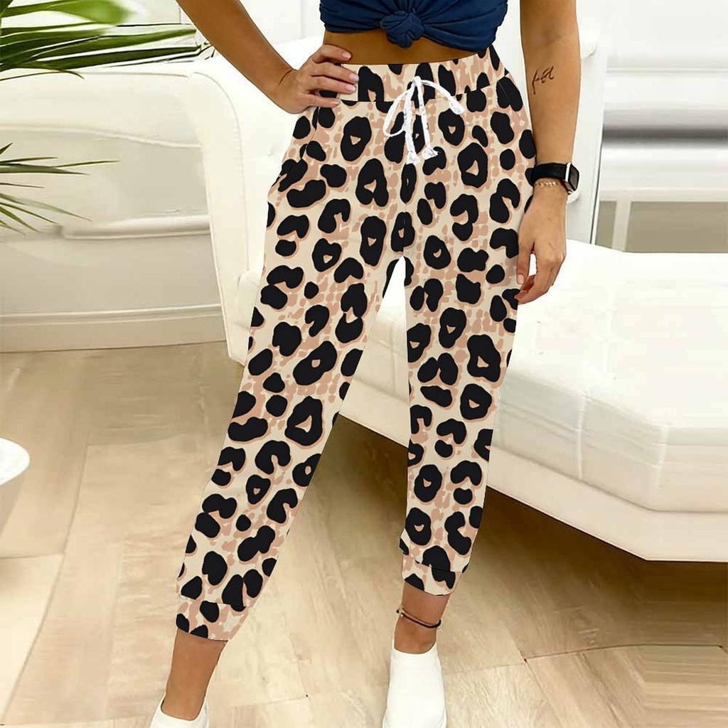 Summer Ladies Leopard Print Printed Sweatpants Loose Fit Drawstring Joggers Elastic Cuff Daily Casual Pants