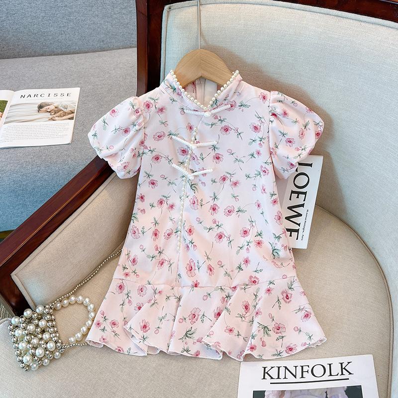 Girls Summer Vintage Cheongsam Dress Kids Chinese Princess Short Sleeve Cotton Linen Baby Girl Party Dress