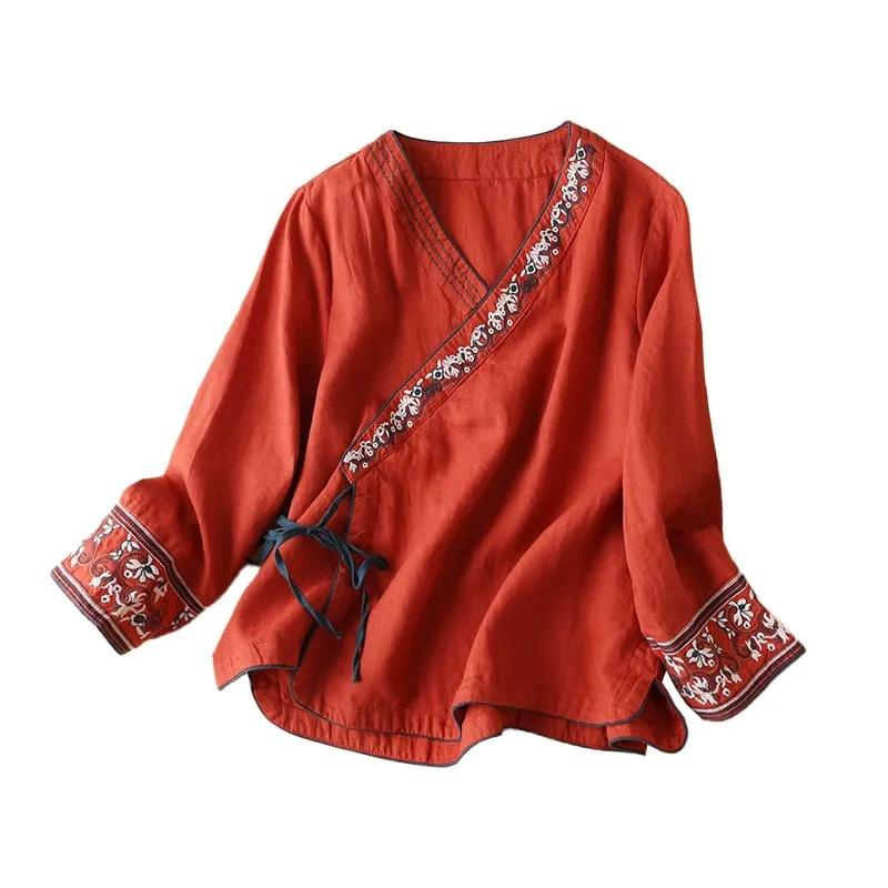 Summer Ethnic Style Women's Clothing with Cotton and Linen Slant Collar Embroidery Top, Artistic Retro Loose and Improved Hanfu Ancient Style