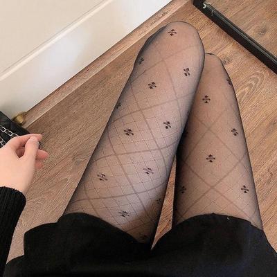 Black Four-Leaf Clover Jacquard Stockings - Women's Summer Sheer Sexy Diamond Pattern Pantyhose