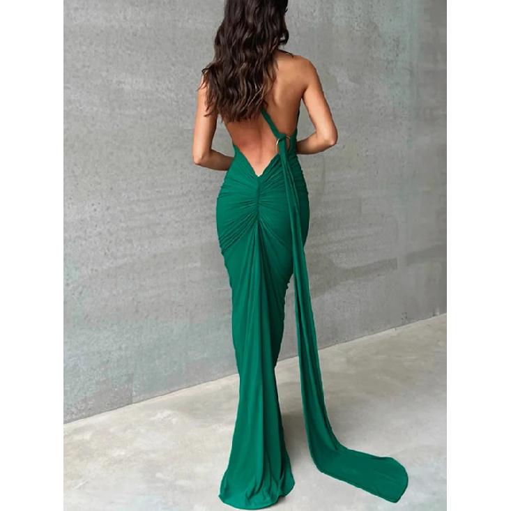 One Shoulder Rückenfrei Verstellbarer Schal Loop Gerafftes Sexy Maxikleid Damen Elegant Y2K Streetwear Festival Outfit
