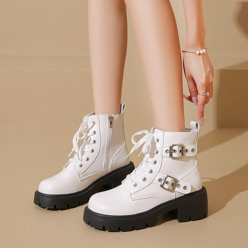 Fashion Fashion Metal Buckle Platform Non-slip Wear-resistant Mid-leg Boots Autumn New Round Toe Zip Block Heel Shoes