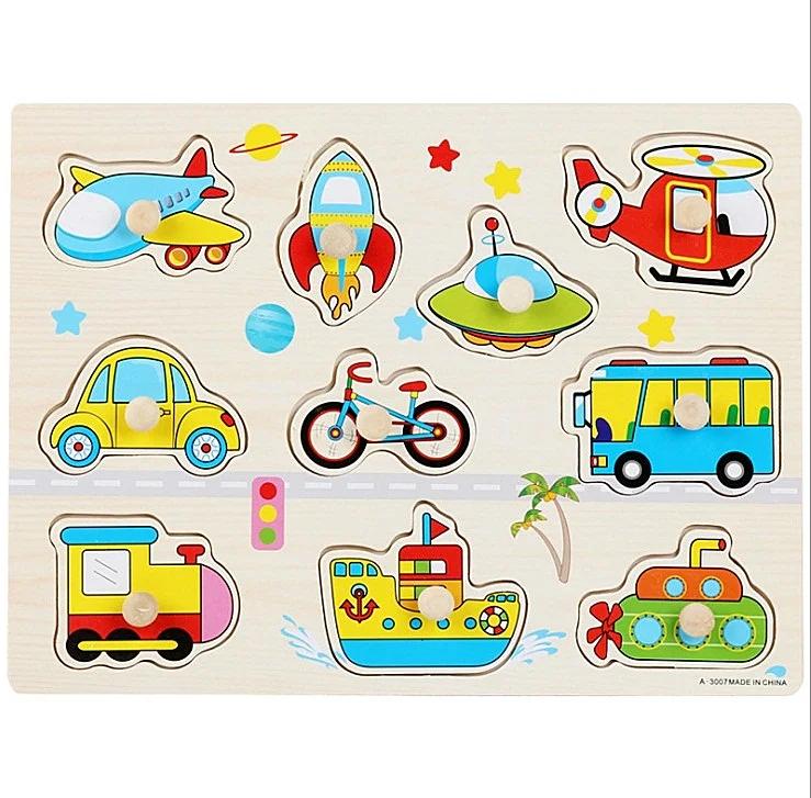 30cm Baby Toys Montessori Wooden Puzzle Hand Grab Board Educational Wood Puzzles for Kids Cartoon Animal Vehicle Gift for Child