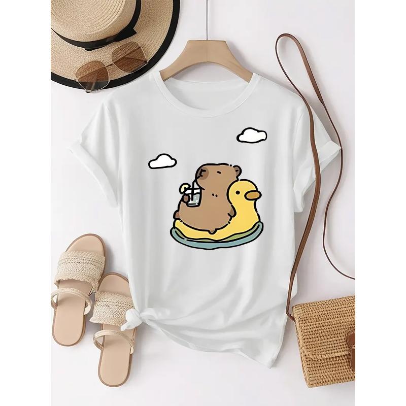 Women Otter Yellow Duck Inflatable Ring Print T-Shirt Round Neck Short Sleeve Casual Fashion Sports Top