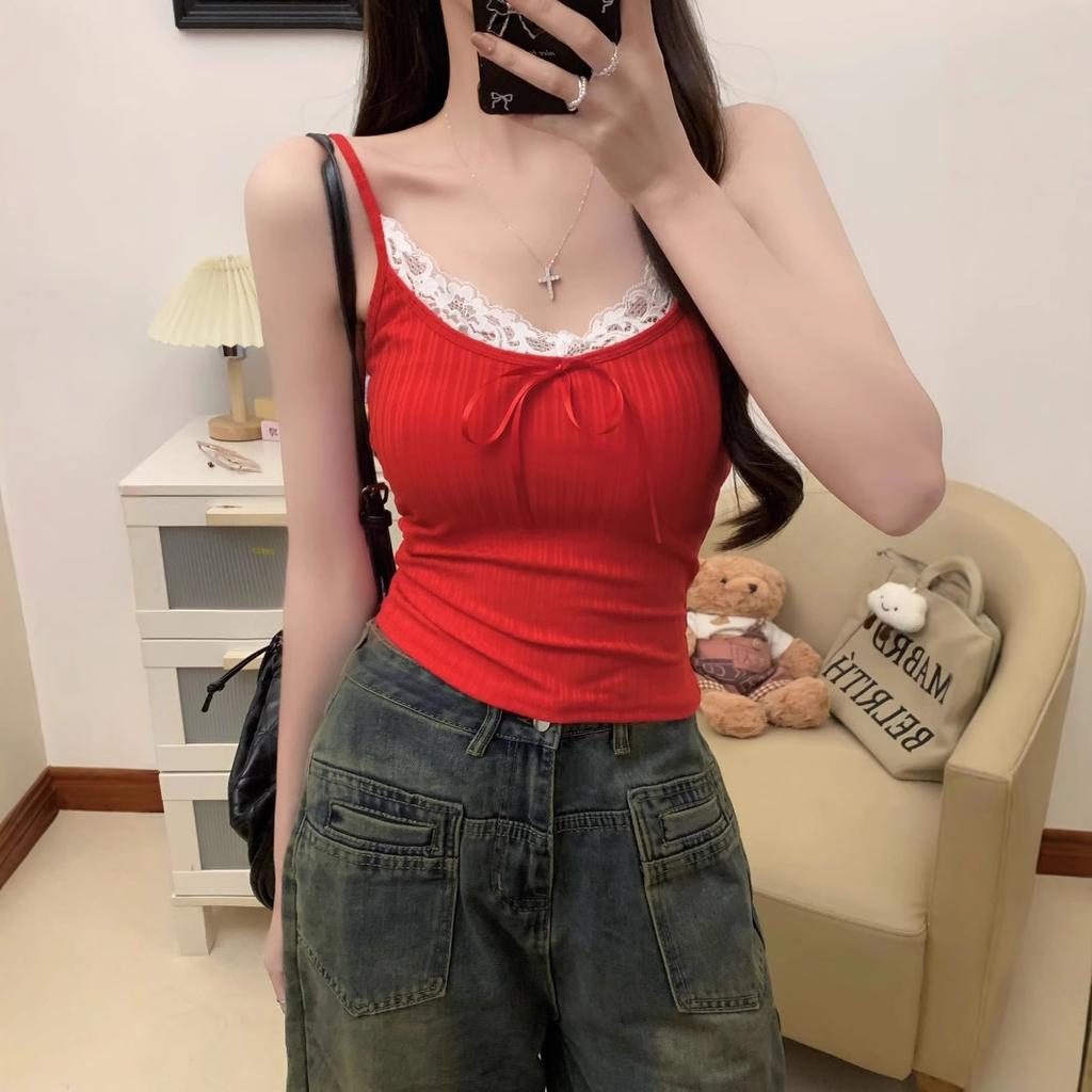 #Pure desire sexy lace splicing pit strip sling vest women's chest pad inner slim and thin bottoming shirt