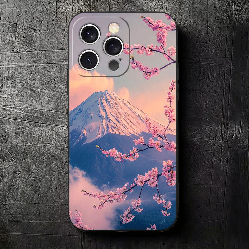 Japanese Pink Cherry Mount Fuji Soft Phone Case for iPhone 16 16E 17 Air 15 Pro Max 14 Plus 13 Mini 11 12 7 Black Cover Back She