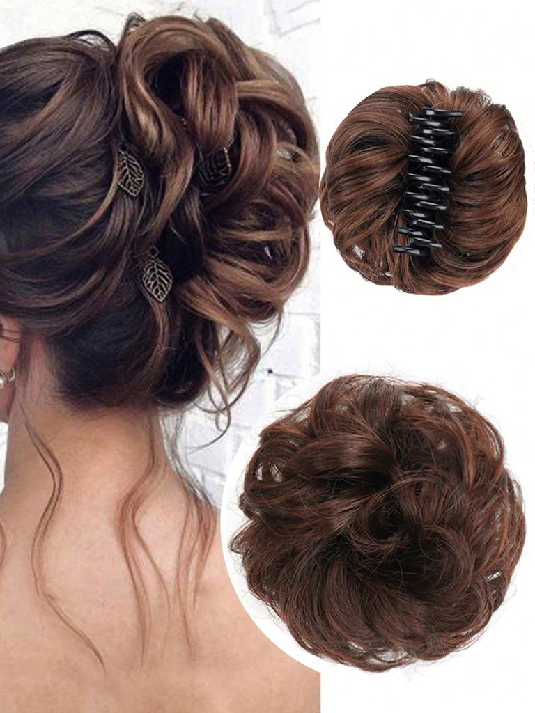 Synthetic Bun Claw Clip Light Brown 6-inch Clip On Hair Wavy Curly Bun Ponytail Extension Wig For Women