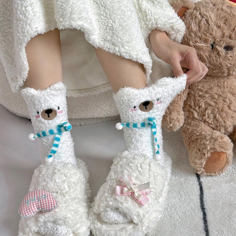 1Pair Sleep Socks Cute Little Bear Cartoon Coral Velvet Socks Soft Polyester Fiber
