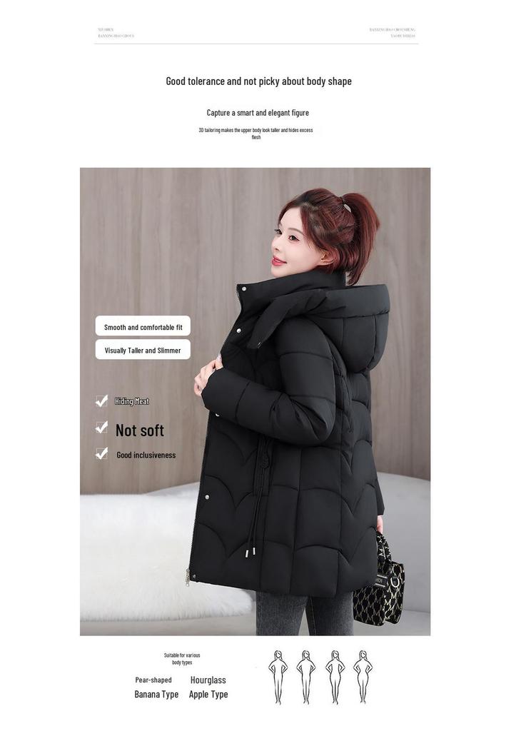 Women's Korean Style Slimming Mid-length Cotton Jacket - Winter 2026 Fashion, Plus Size Available