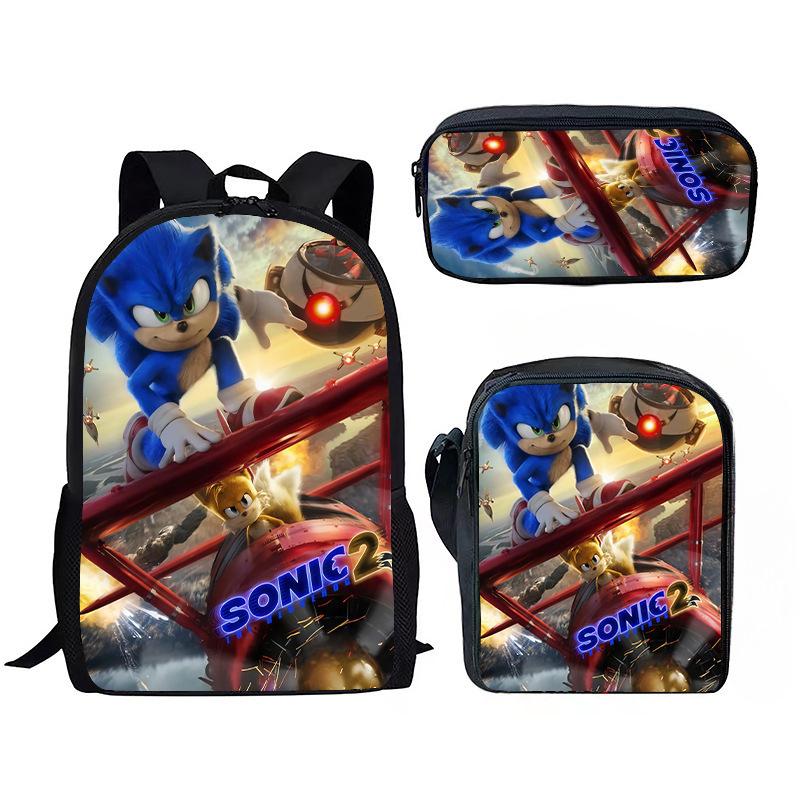 Sonic Backpack Set for Kids 3-Piece Anime Cartoon School Bag Boys Girls Lightweight Anti-Theft Bookbag with Pencil Case & Lunch Bag