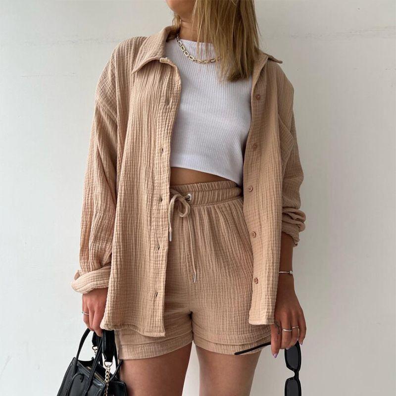Shirts and Shorts Women's Clothing Lapel Long Sleeve Shirt High Waist Drawstring Shorts Fashion Casual Two-Piece Suit