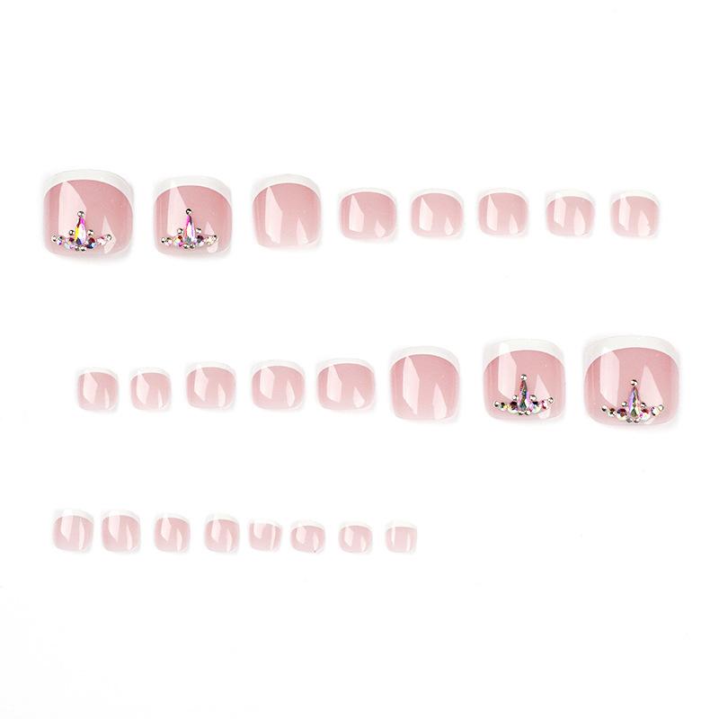 Wearable Manicure Simple French Nail Piece White Edge Rhinestone Fake Nail Finished Nail Sticker Removable Nail Piece