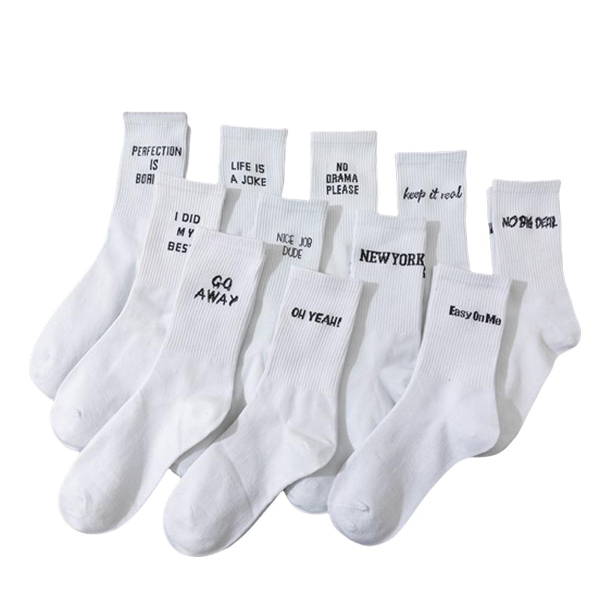 

5/10 пар случайных мужских носков длиной до щиколотки, белые с буквенным дизайном, модные, уникальные, забавные, влагоотводящие, подарочная рекомендация One Size