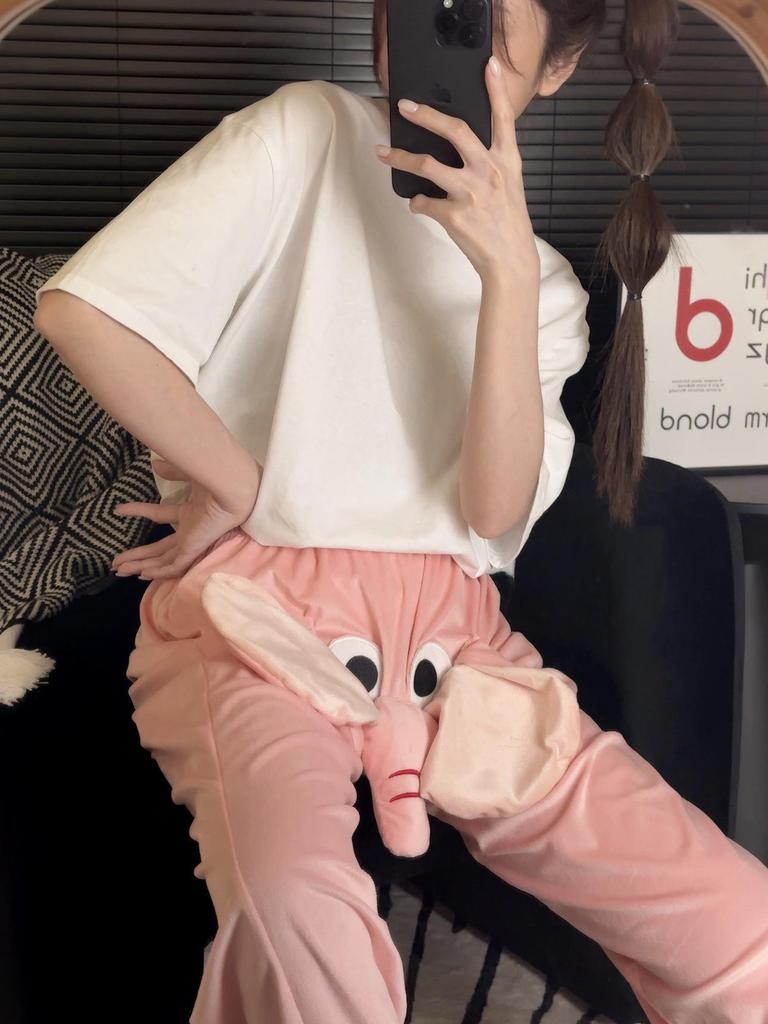 Funny Elephant Nose Couple Pajamas: Cozy Men's and Women's Pants for Autumn & Winter