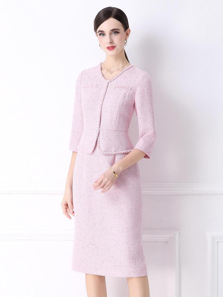Elegant Spring Pink Beaded Dress - Faux Two-Piece Style