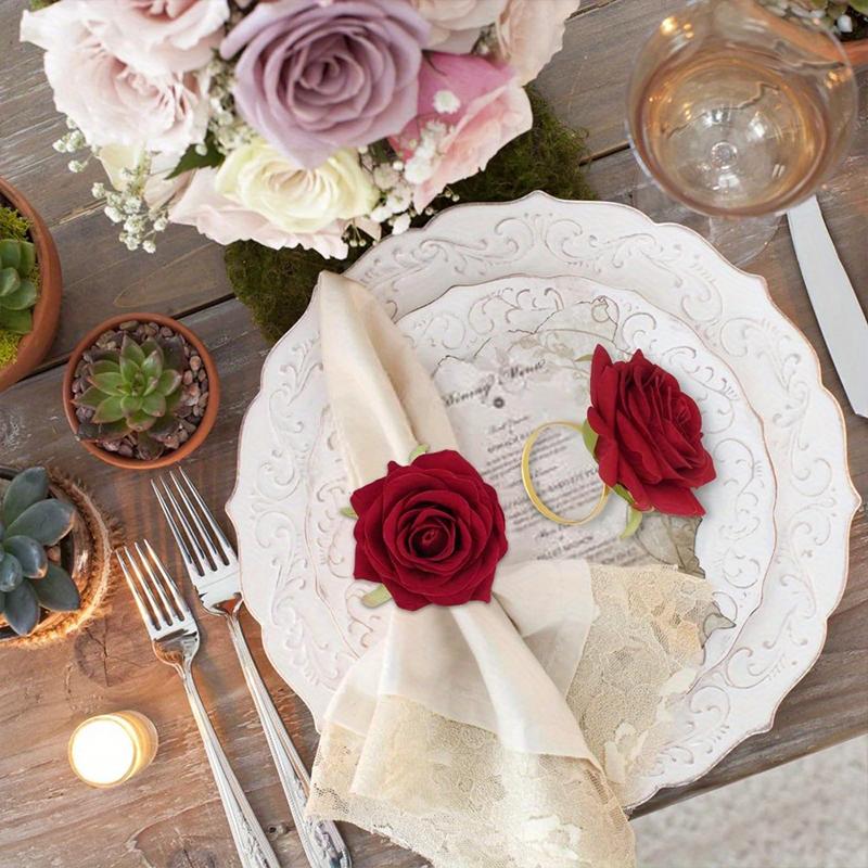 4pcs/Set Polyester Unique Simulated Rose Romantic Tableware Ornament Napkins Clasp Decorative Accessories