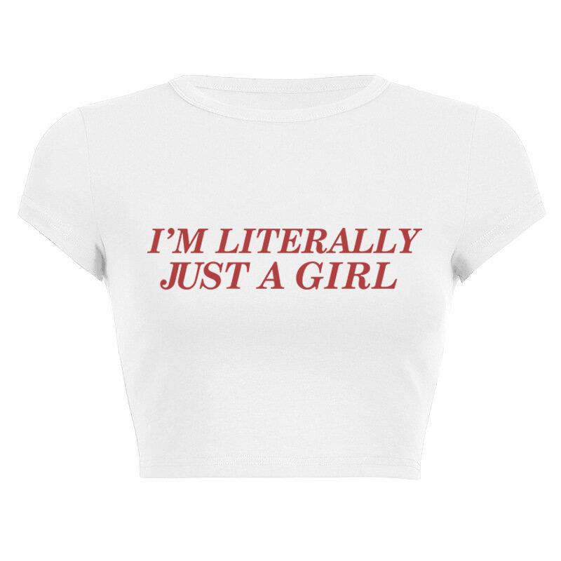 New European and American Spice Girls alphabet-printed navel top summer round neck pullover slim shoulder sleeves short T-shirt