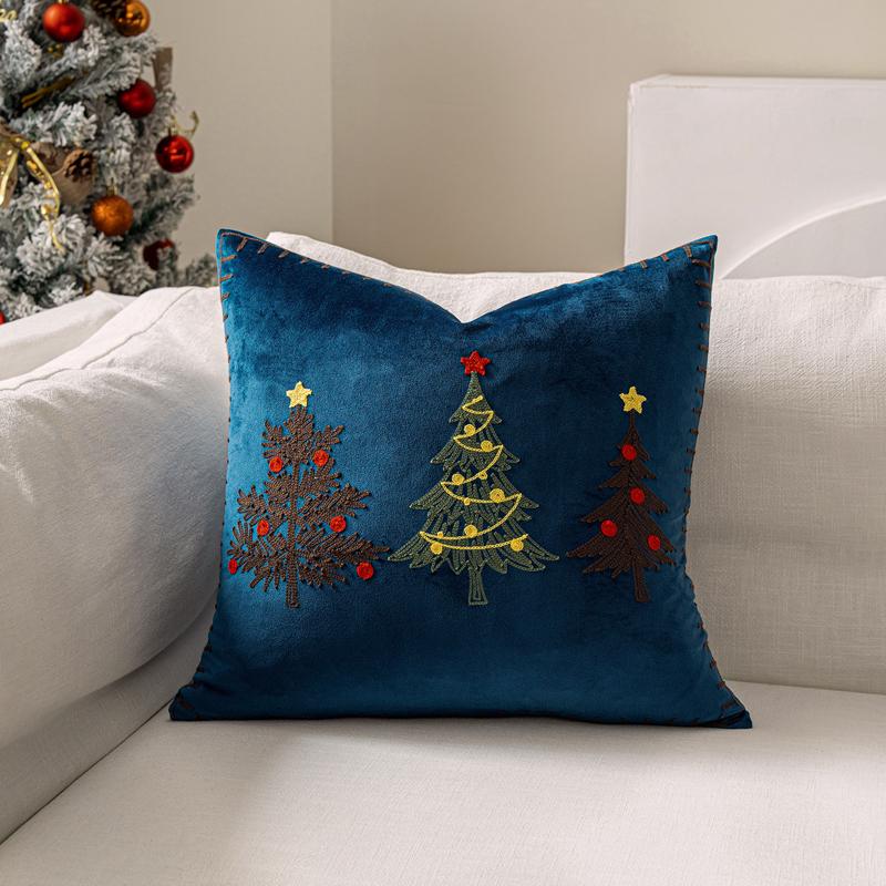 Christmas Embroidery Throw Pillow Cover Xmas Tree Reindeer Snowflake Embroidered Cushion Case Home Decoration (Without Core)
