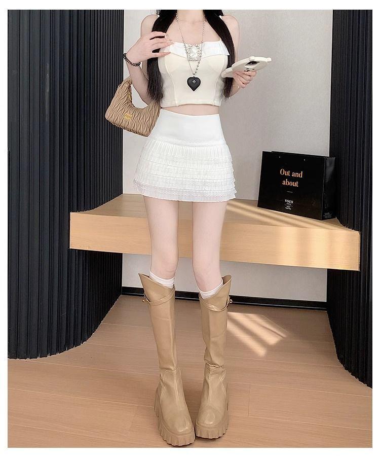 2025 Autumn Korean Sweet & Spicy Layered Lace Pleated Mini Skirt for Women