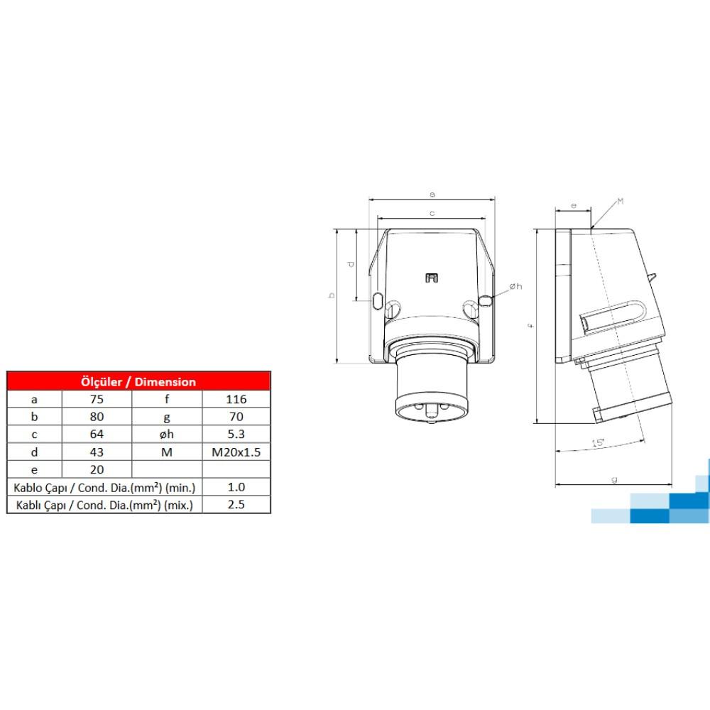 Wtyczka Natynkowa Kempingowa Cee 3P 16A 230V Ip44 Przemysłowa