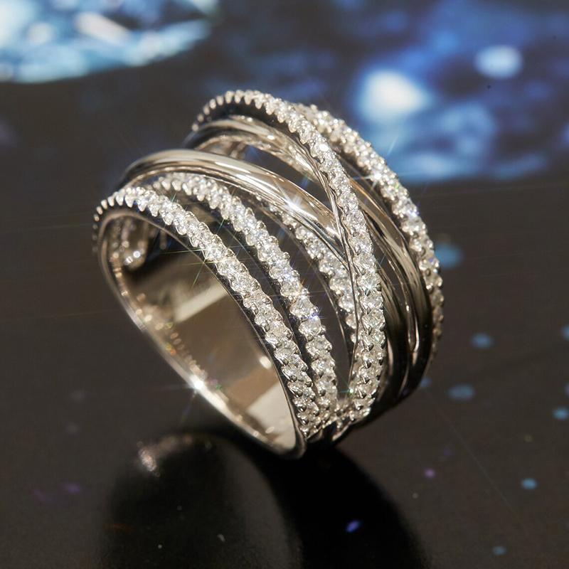 Multi Layered Cross Design Ring Lady Fashion Wide Finger Jewelry Silver Color Bright Zirconia Accessories for Daily Party