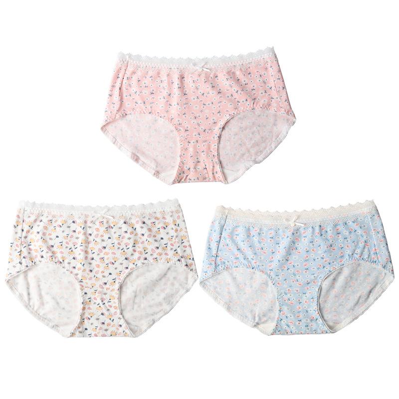 Spodní prádlo třídy A Vysoce elastické antibakteriální kalhotky se středním pasem pro ženy Květinové kalhotky s krajkovým potiskem Pohodlné prodyšné kalhotky
