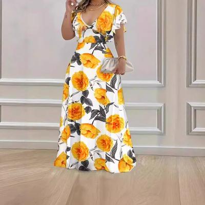 Popular V-neck Temperament Elegant and Casual, Printed Flower Long Dress Big Swing Dress Women's Clothing