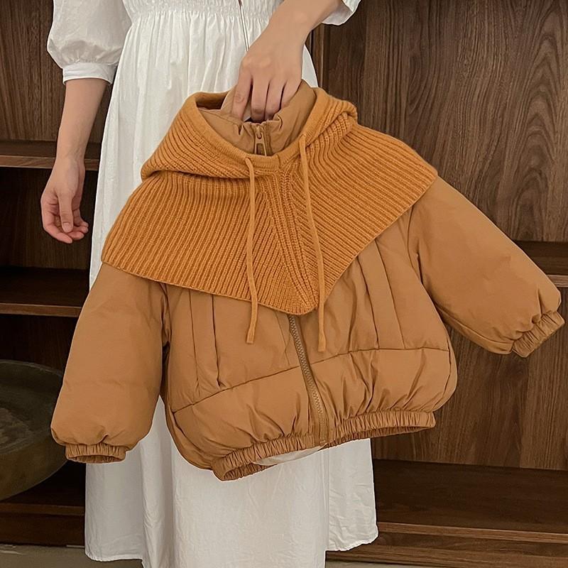 

Осенне-зимняя детская куртка-пуховик в корейском стиле, короткая мужская и женская детская одежда, вязаная шапка, куртка-пуховик 130 кофейный